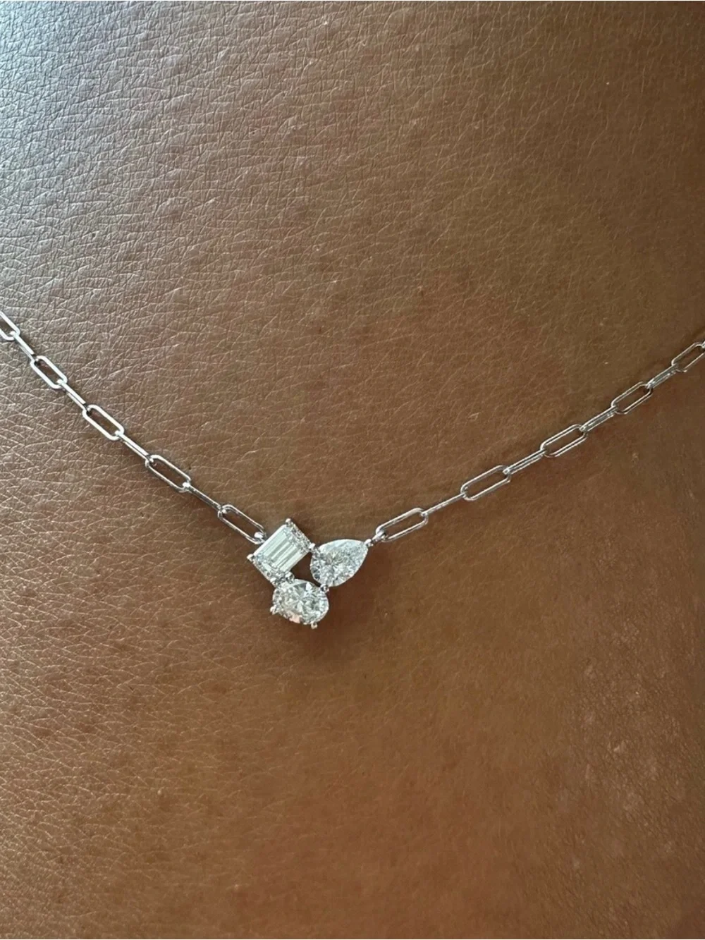 14K White Gold 0.55ctw Multi Shape Natural Diamond Paperclip Necklace